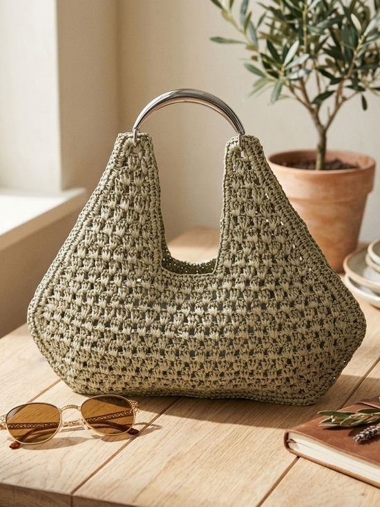 Handbags - Woven Women's Crochet Hobo Bag with Silver Handle - Sage Green